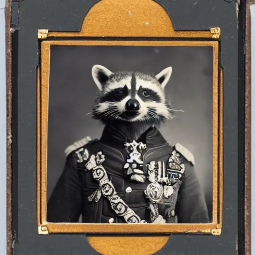 Image similar to vintage photograph of a noble raccoon, dressed in formal military costume with many medals on his chest