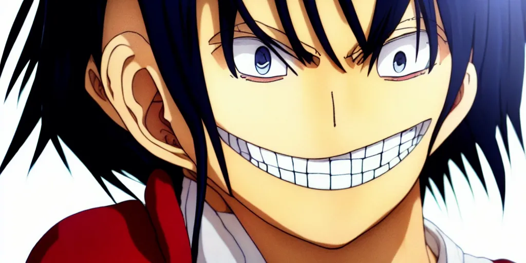 Prompt: a smiling male anime protagonist, with a beauty mark under his left eye, long dark hair, pony tail, symmetrical facial features, from one piece, hyper realistic, 8 k, interesting composition, creative color choice, detailed drawing, trending on artstation, hd, realistic lighting, by eiichiro oda, shoulder eyes, backlit golden hour