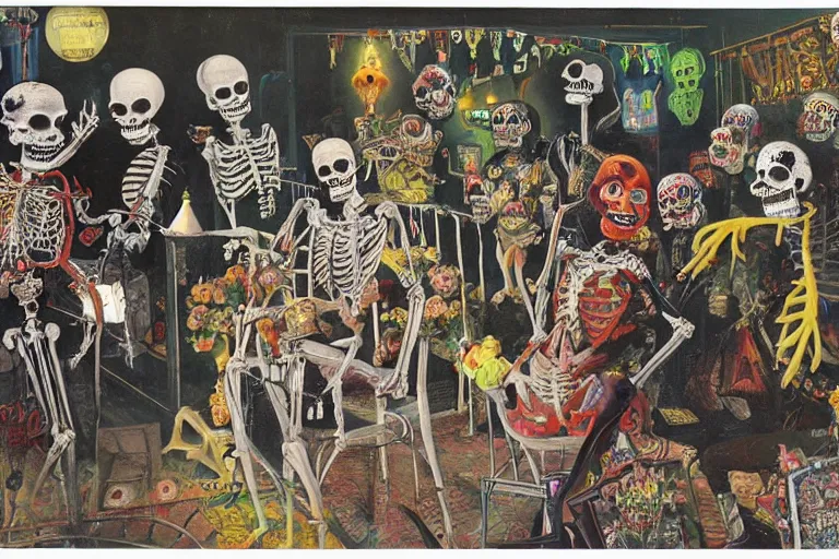 Prompt: scene from amusement arcade, day of the dead, cyber skeleton, queen in black silk in the center, neon painting by otto dix