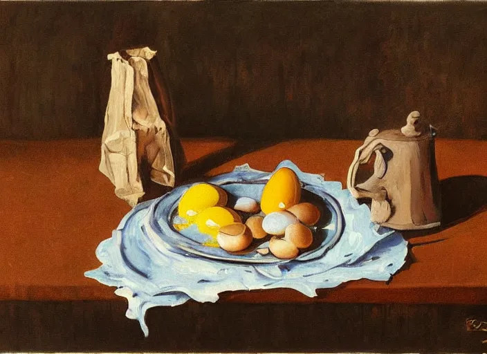 Image similar to a surreal painting of a breakfast still life, coffee, eggs, flowers, by George Baselitz, symbolist, soft colors, dramatic lighting, smooth, sharp focus, extremely detailed, aesthetically pleasing composition