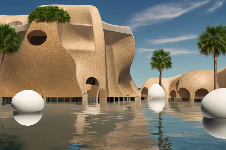 Image similar to palais bulles architecture is formed by the intersection of many white egg shaped spherical spaces. on the calm lake, people's perspective, future, interior wood, marble, award winning, highly detailed 4 - k art, dusk, unreal engine highly rendered, global illumination, radial light, internal environment