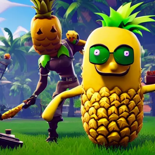 Image similar to anthropomorphic pineapple filled with beans, the bean - filled anthropomorphic pineapple is playing the video game fortnite, beans