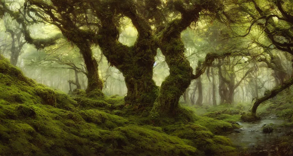 Image similar to ancient oak forest, mossy rocks, stream, oil painting, vivid colors, brush strokes, elegant, highly detailed, richard schmid, john park, ruan jia, jeffrey catherine jones