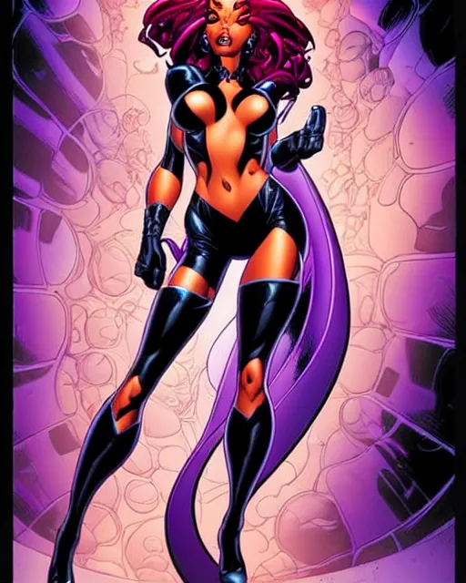 Prompt: michael golden and j. scott campbell comic cover art, full body starfire, perfectly symmetrical facial features, tight fit, rim lighting, vivid colors, chris achilleos