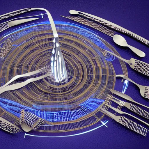 Image similar to fork as a fork forking a fork, 8k optane render in intricate detail, volumetric lighting, electricity, knolling