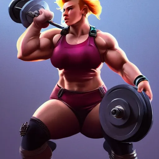 Image similar to scarlett johansson as thick muscular weightlifter zarya from overwatch, highly detailed, digital painting, artstation, sharp focus, illustration, art by tan zi and ayanamikodon and alphonse mucha and wlop