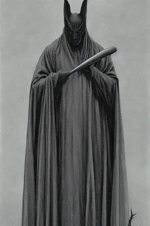 Image similar to a vampire wearing a long black robe with large bat ears and gray sin, character art, painting by zdzisław beksinski