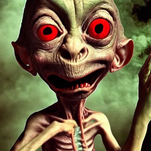 Image similar to Gollum with big red eyes smokes blunt