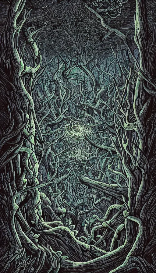 Image similar to a storm vortex made of many demonic eyes and teeth over a forest, by dan mumford