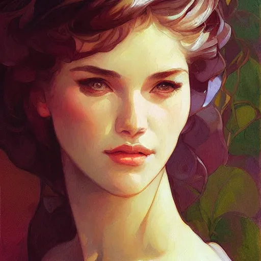 Prompt: painted portrait of a beautiful woman by artgerm, gil elvgen, greg manchess, mucha