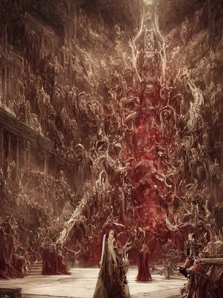 Prompt: matte painting of a huge ivory throne of bones, abominations are kneeling in front of the throne, red tones, highly coherent, ultra realistic, concept art, intricate details, eerie, highly detailed, photorealistic, octane render, 8 k, unreal engine. art by artgerm and greg rutkowski and alphonse mucha