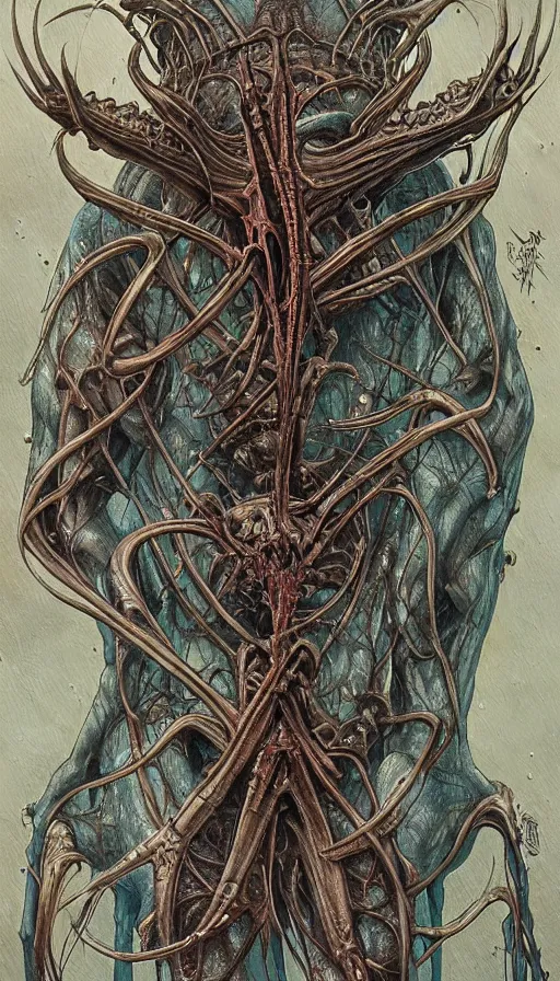 Image similar to Elden Ring and Guyver themed painting of symmetrical torso alien dissection anatomy with crossed hands concept, intricate artwork by H.R. Giger, Johnatan Wayshak, Zdizslaw Beksinski, Ayami Kojima, Amano, Karol Bak, Moebius, and Mark Brooks, Neo-Gothic, gothic, rich deep colors, art by Takato Yamamoto, masterpiece, face by Artgerm, very coherent artwork, cinematic, hyper realism, high detail, octane render, unreal engine, 8k, High contrast, golden ratio, trending on cgsociety