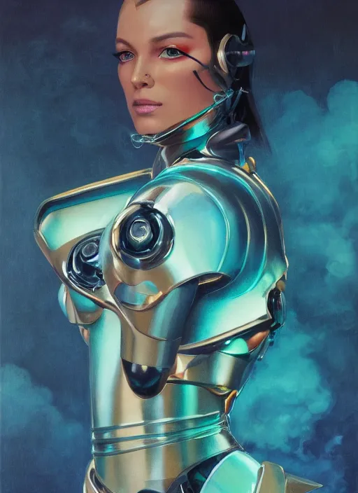 Image similar to ( ( symmetry ) ) closeup portrait of a chrome stunning cyborg girl, racer jumpsuit with shoulder pads, strong cinematic light, teal orange, viscous volumetric smoke, mist, by gerald brom, by mikhail vrubel, by peter elson, muted colors, extreme detail, trending on artstation, 8 k