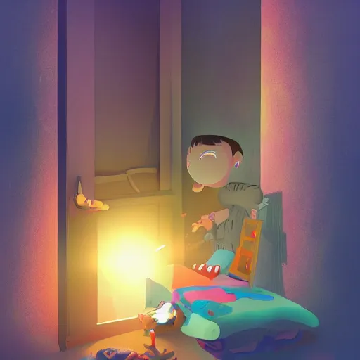 Prompt: A child discovering his room can open a portal to another dimension, digital art, trending on artstation, high details