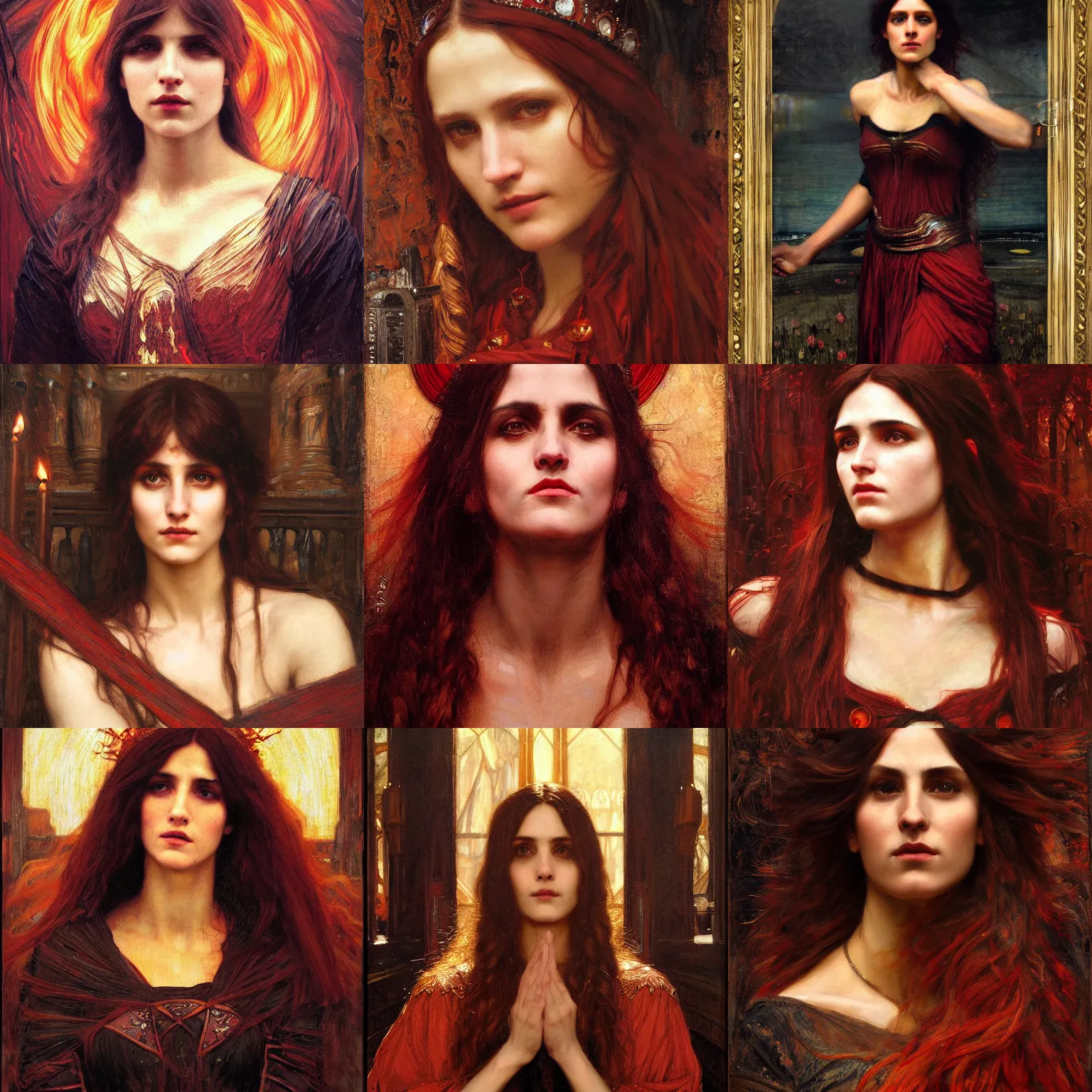 Prompt: fire witch intricate portrait by john william waterhouse and Edwin Longsden Long and Theodore Ralli and Nasreddine Dinet, oil on canvas. Cinematic, hyper realism, dramatic lighting, high detail 8k