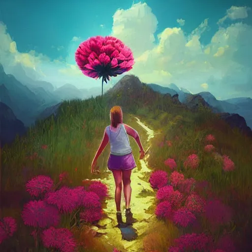 Image similar to giant carnation flower head, girl hiking in the mountains, surreal photography, sunrise, dramatic light, impressionist painting, colorful clouds, digital painting, artstation, simon stalenhag