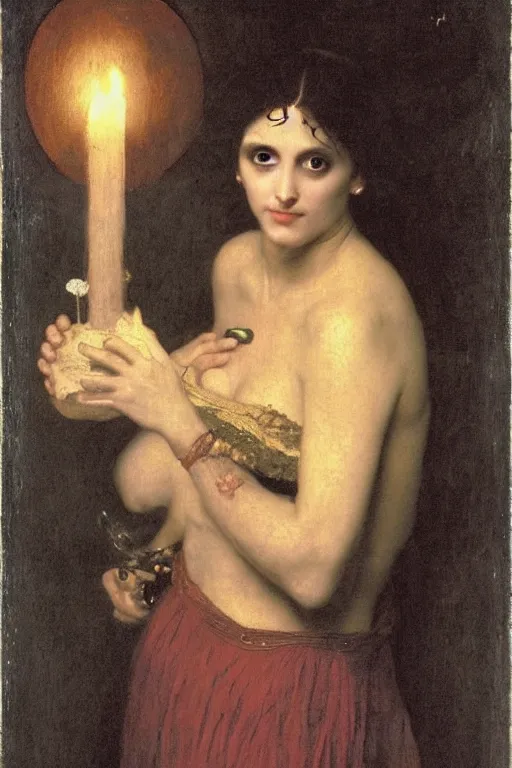 Image similar to a renaissance oil painting portrait by alma tadema of demonic vampire evil woman by full moon holding lit dark candles, candlelight, colourful pastel, detailed academic bouguereau, high shadow, strong contrast, medium shot, sharp focus