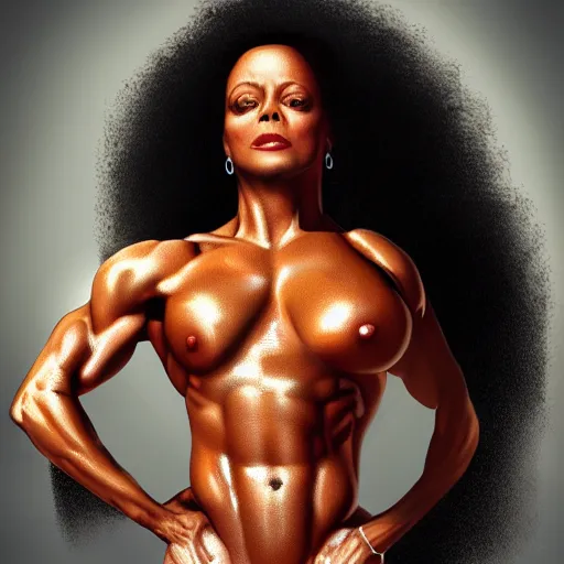 Prompt: Diana ross with the physique of a body builder, photorealistic, hyper realistic, ultra detailed, cinematic, dynamic lighting, refined, intricate, digital art, digital painting, masterpiece, 8k