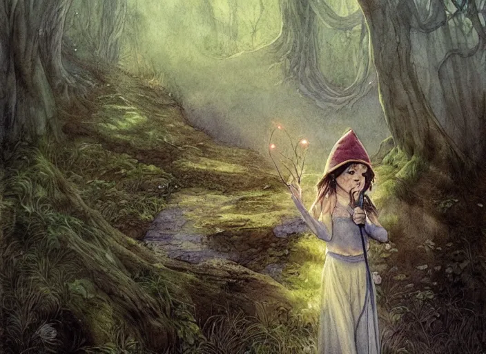 Image similar to young elf girl singing in the forest with fairy lights, light ground fog, river, detailed fantasy watercolor comic style, subtle colors, by alan lee and tony sart