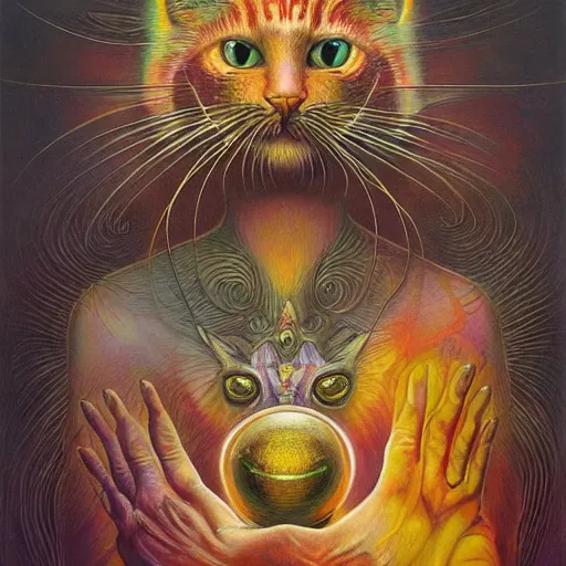 Image similar to a cat having an ego trip, by alex grey, by Esao Andrews and Karol Bak and Zdzislaw Beksinski and Zdzisław Beksiński, trending on ArtStation