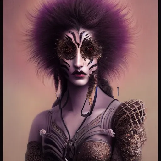 Image similar to tom bagshaw, soft painting fractal curiosities carnival fur, very beautiful female tigress mutation in full nightshade gothic armor, accurate features, focus, very intricate ultrafine details, black white purple volumetric clouds, award winning masterpiece, octane render 8 k hd