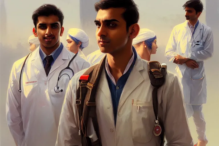 Image similar to Anxious good looking pale young Indian doctors wearing American clothes at the airport, portrait, elegant, intricate, digital painting, artstation, concept art, smooth, sharp focus, illustration, art by artgerm and greg rutkowski and alphonse mucha