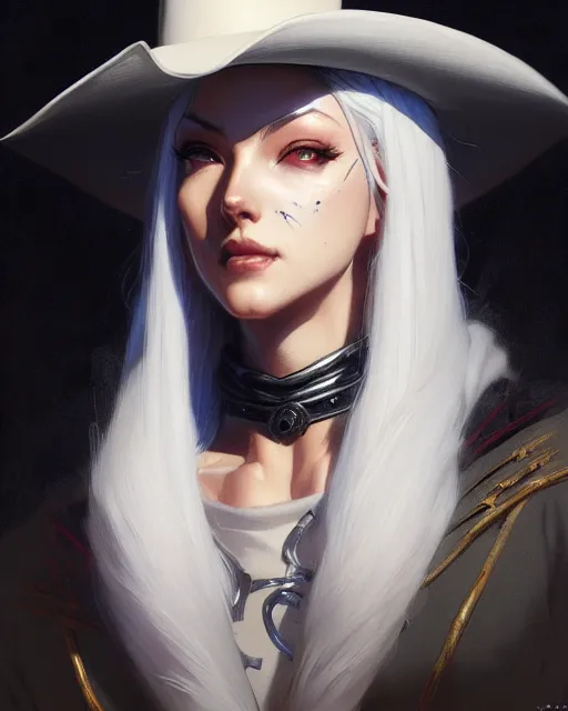 Image similar to ashe from overwatch, cowgirl, white hair, black hat, character portrait, portrait, close up, concept art, intricate details, highly detailed by greg rutkowski, michael whelan and gustave dore