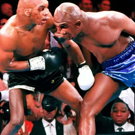 Prompt: mike tyson fighting a guy who looks like lurch from the addams family, boxing photo from the 90s, hyperrealistic, vhs quality,