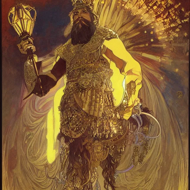 Prompt: an aesthetic! a detailed portrait of a man in a long beard, in golden armor, with a crown, holding a lantern with stacks of gold in the background, by frank frazetta and alphonse mucha, oil on canvas, art nouveau dungeons and dragons fantasy art, hd, god rays, ray tracing, crisp contour lines, huhd