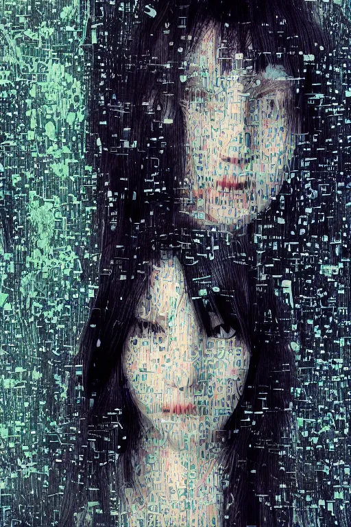 Image similar to random, glitch, picture portrait,(((((((((((((young woman's face))))))))))))), random,long black hair, glitch, pale skin, glitch, random digital render, super-detailed ,glitch, by Millais