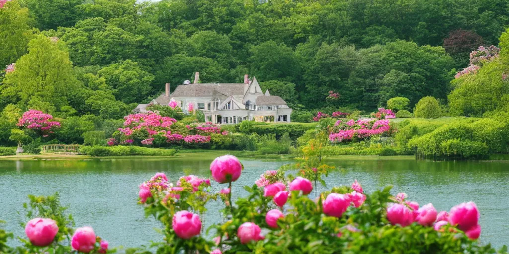 Image similar to summer manor with peony flowers and lake, bokeh