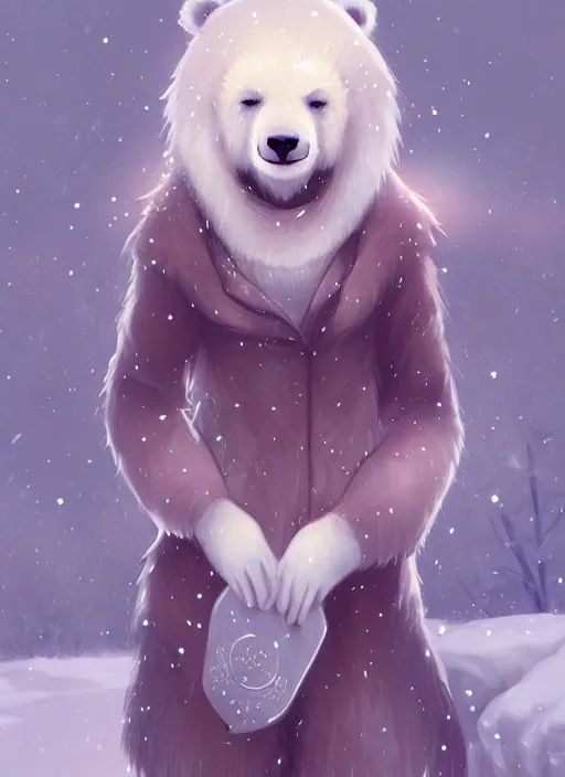 Image similar to award winning beautiful portrait commission art of a female furry anthro polar bear fursona with a cute beautiful attractive detailed furry face wearing cute stylish winter clothes at a comfy winter cabin at dusk by firelight. Character design by charlie bowater, ross tran, artgerm, and makoto shinkai, detailed, inked, western comic book art