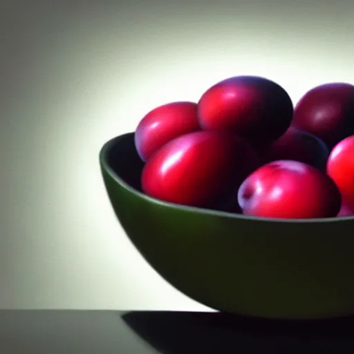 Image similar to concept art of a single bowl filled with a few moist freshly picked plums on a wooden table. painting, illustration, volumetric lighting, highly detailed, small scale, art, trending on artstation.