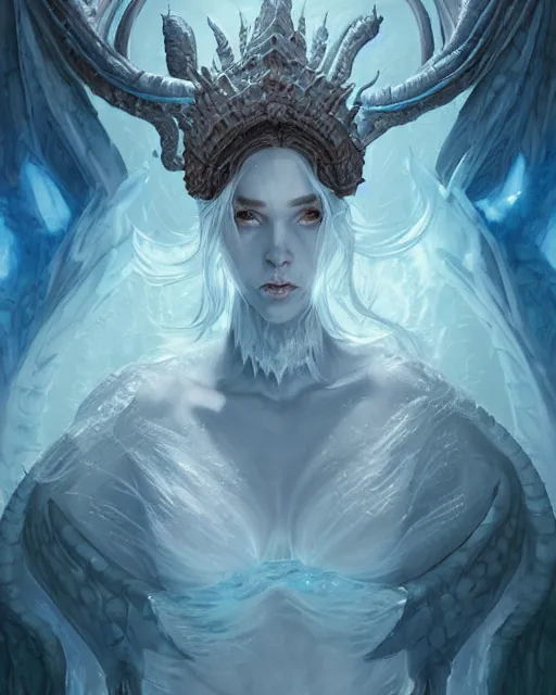 Prompt: portrait of the ice dragon queen athey, greg rutkowski, greg toccini, james gillard, joe fenton, kete butcher, dynamic lighting, gradient light blue, brown, light cream and white colors, grunge aesthetics, detailed and complex environment