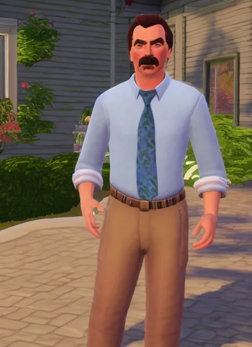 Image similar to film still of tom selleck as a sims character, gameplay, 8 k, hd