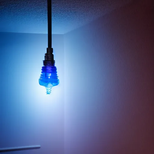 Image similar to photorealistic shot of a blue light bulb in a dark room, horrific themed, wide angle shot, deep sensation, high details