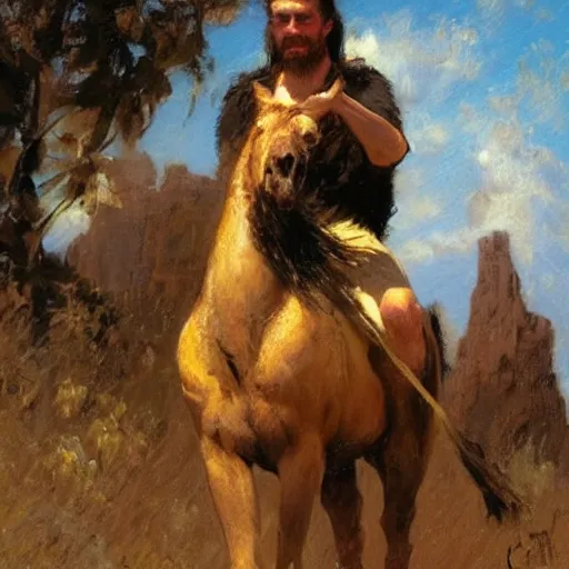 Image similar to a man with a pony tail haircut, painting by Gaston Bussiere, Craig Mullins