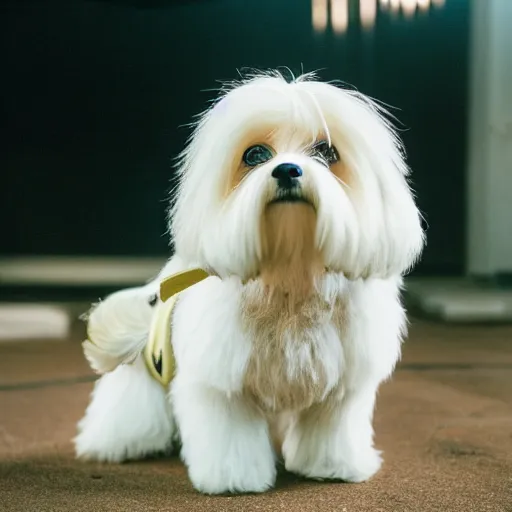 Image similar to a cream-colored Havanese dog dressed Godzilla, Leica 35mm, 4K