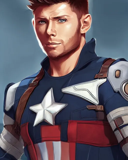 Image similar to an anime portrait of jensen ackles as a beautiful man wearing a captain america costume from skyrim, by stanley artgerm lau, wlop, rossdraws, james jean, andrei riabovitchev, marc simonetti, and sakimichan, trending on artstation