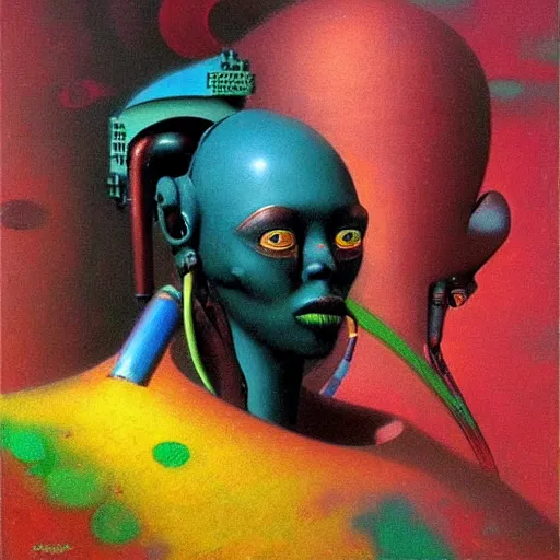 Image similar to portrait of a colourful african tribal mecha robot, painting by zdzislaw beksinski,