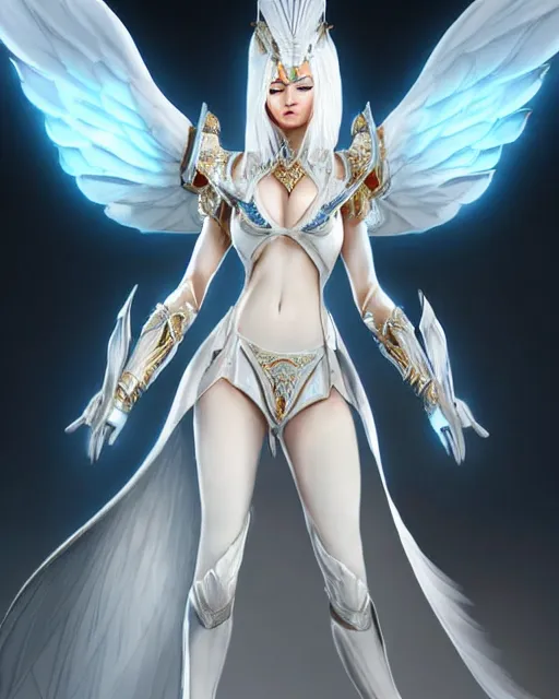 Image similar to perfect white haired egyptian goddess wearing white dove wings, warframe armor, regal, attractive, ornate, sultry, beautiful, dreamy, half asian, pretty face, blue eyes, detailed, scifi platform, 4 k, ultra realistic, epic lighting, android body, illuminated, cinematic, masterpiece, art by akihito tsukushi, voidstar, artgerm