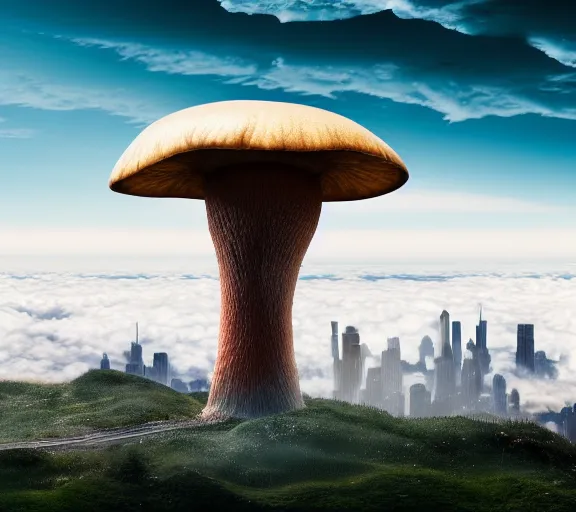 Prompt: a giant mushroom that stretches above the clouds with an upside down city built under the cap. highly detailed 8 k. intricate. lifelike. soft light. nikon d 8 5 0. cinematic post - processing