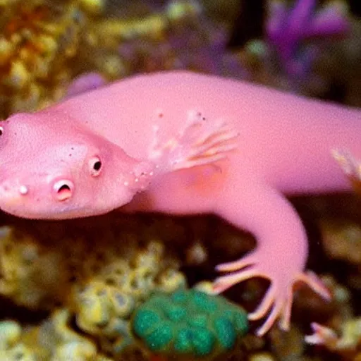 Prompt: pink axolotl melting into the coral reef in the style of lsd