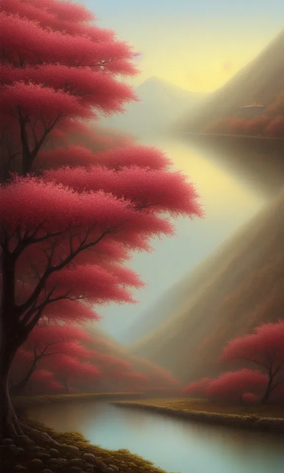 Image similar to a beautiful landscape matte painting of cherry trees with petals flying in the sky beside a river, by christophe vacher, trending on artstation