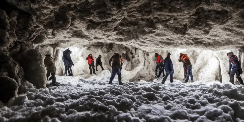 Prompt: people stuck suspended in ice inside a cold cave