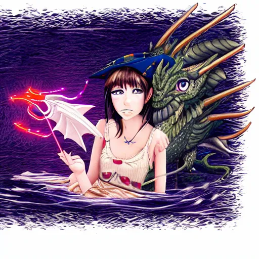 Image similar to manga art girl in straw hat with dragon tatoo with lights traveling around swamp in boat