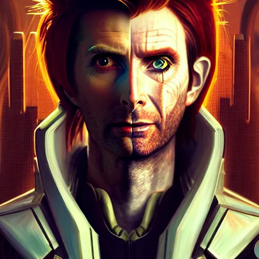 Image similar to portrait painting of a cyberpunk elf mercenary redhead david tennant, ultra realistic, concept art, intricate details, eerie, highly detailed, photorealistic, octane render, 8 k, unreal engine. art by artgerm and greg rutkowski and charlie bowater and magali villeneuve and alphonse mucha