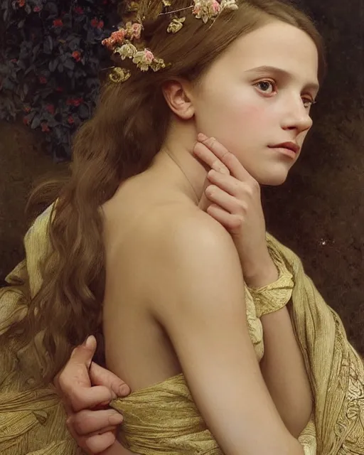 Image similar to a portrait painting of a shy, blushing 1 6 - year old alicia vikander or millie bobby brown as a princess lying on her back on a wooden floor, hair fanned around, intricate, elegant, highly detailed, artstation, concept art, by krenz cushart and donato giancola and william adolph bouguereau and alphonse mucha