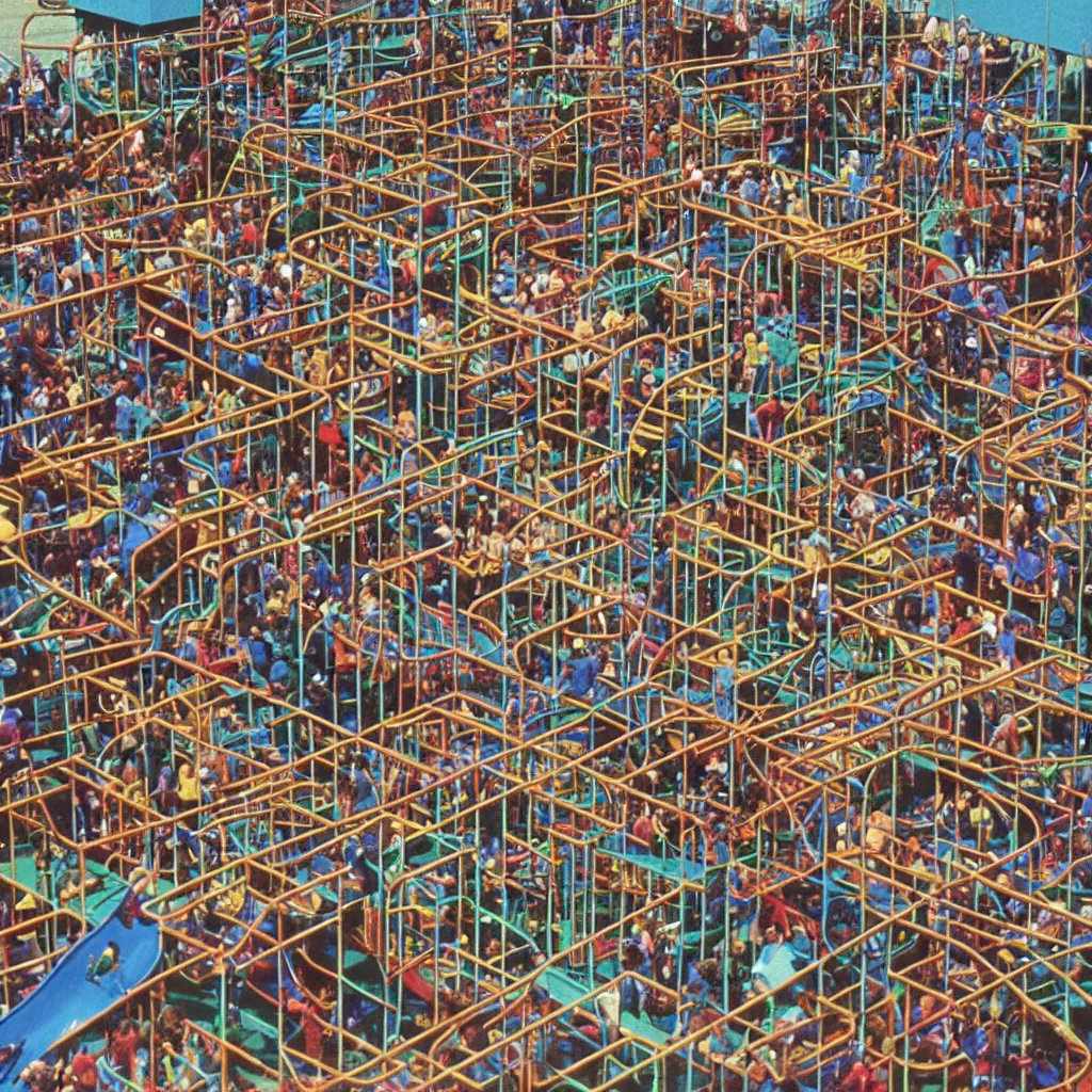 Image similar to full - color closeup 1 9 7 0 s photo of a vast incredibly - large complex very - dense tall many - level playground in a crowded schoolyard. the playground is made of dark - brown wooden planks, and black rubber tires. it has many spiral staircases, high bridges, ramps, and tall towers.