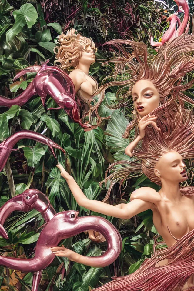 Prompt: extreme close - up of a chrome cyborg nymph vinetria statue with long flowing hair wrestling with a giant flamingo, tropical monstera medinilla magnifica flower plants, thick pigmented smoke, by jeff koons, hajime soryama, boris vallejo, artgerm, greg rutkowski, alphonse mucha